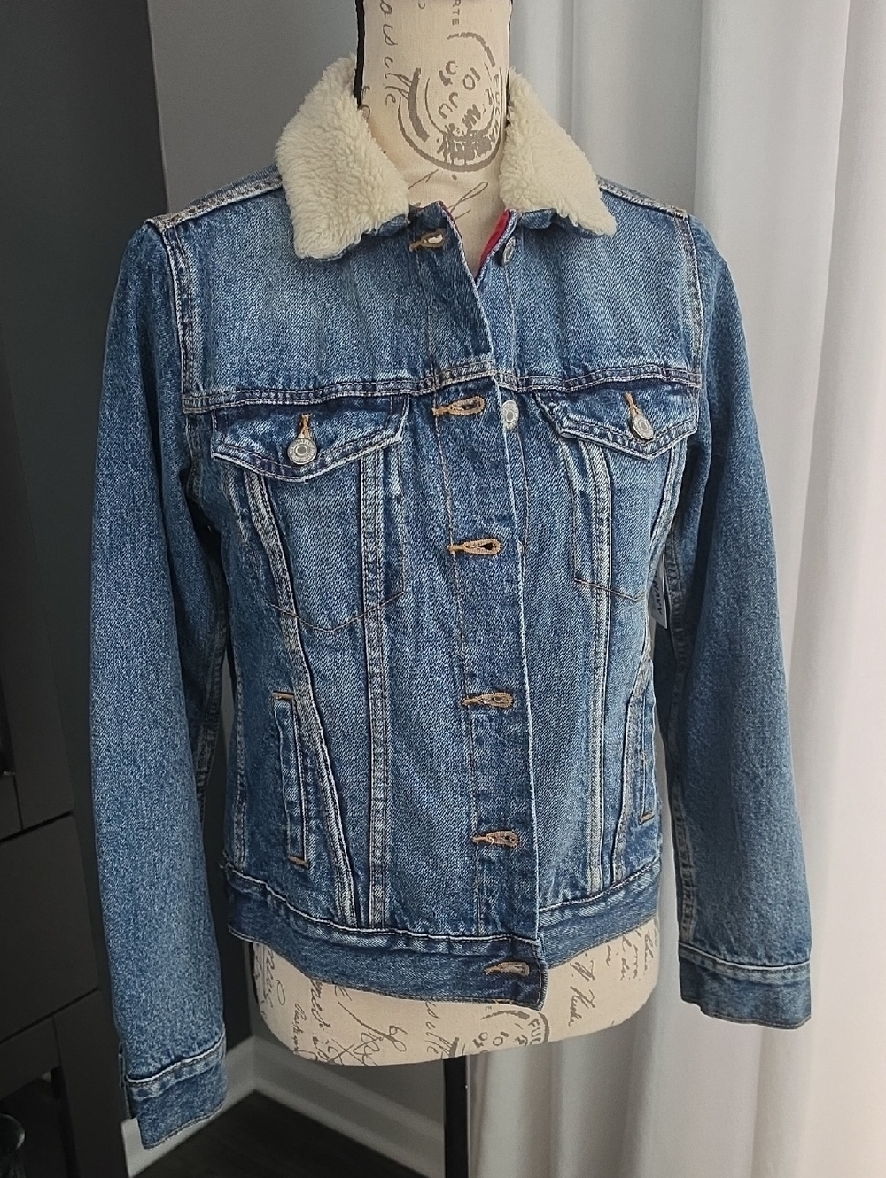 Old Navy Blue Denim Jacket with Cream Faux Shearling Collar